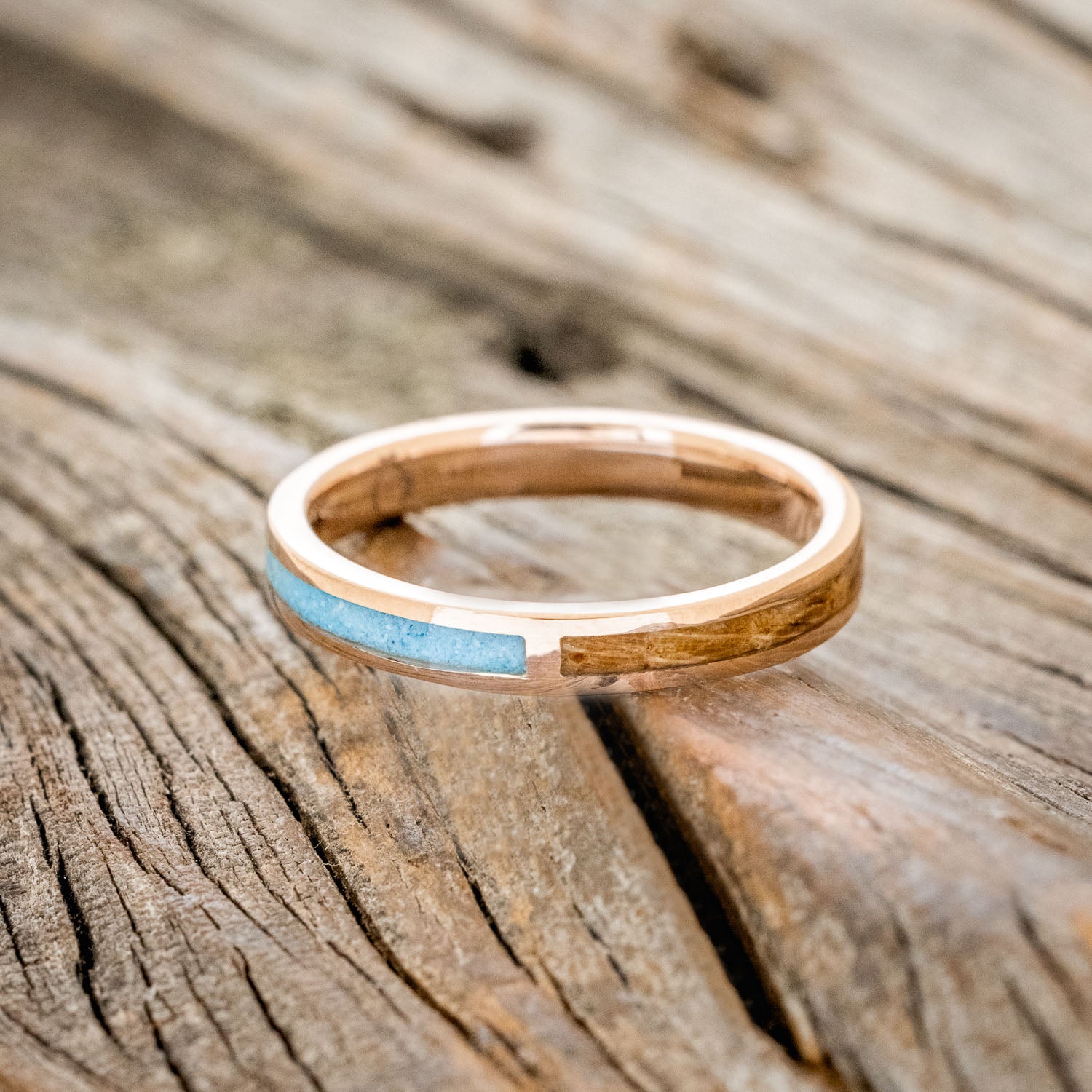 "HARMONY" - TURQUOISE & WHISKEY BARREL OAK SPLIT STACKING BAND-12