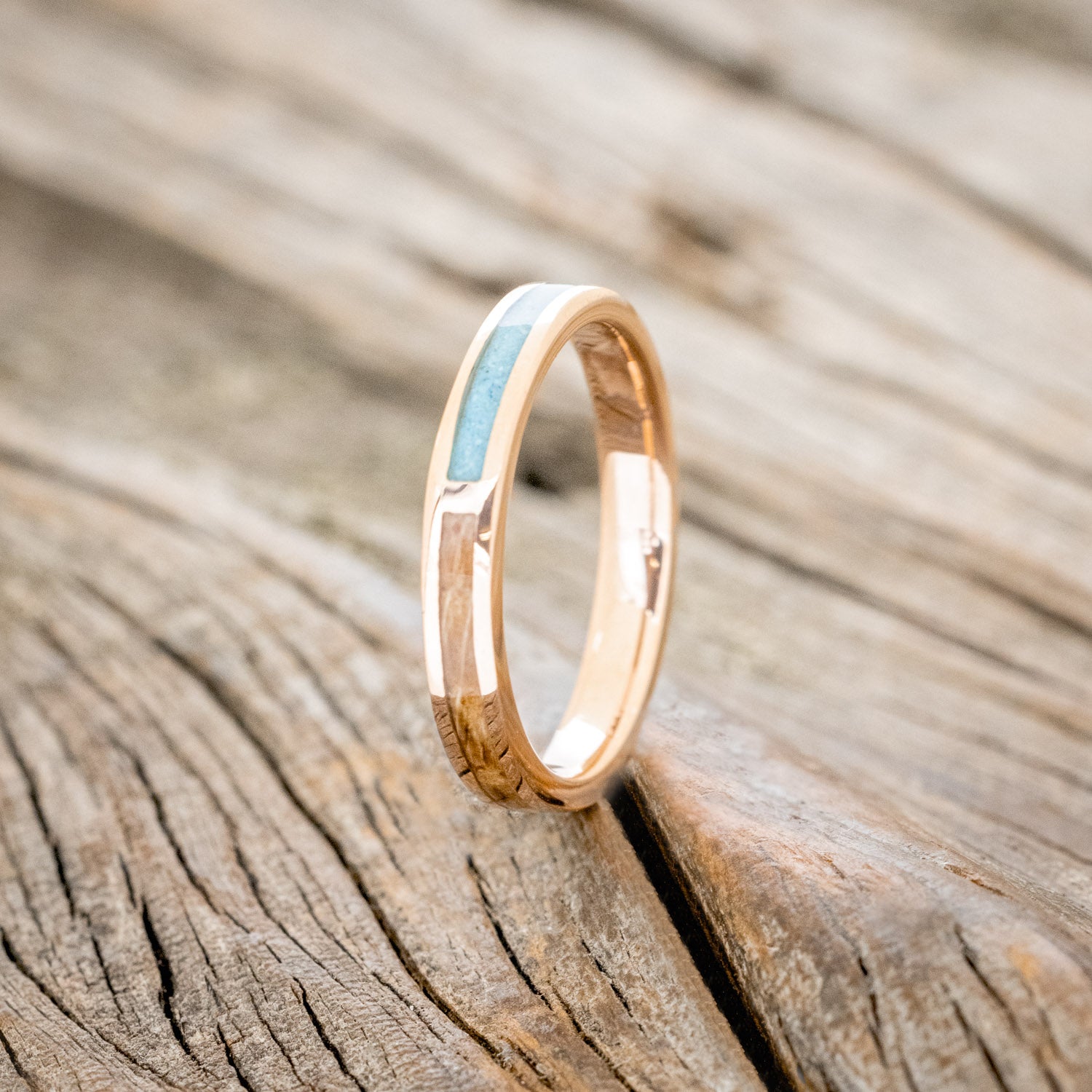 "HARMONY" - TURQUOISE & WHISKEY BARREL OAK SPLIT STACKING BAND-10