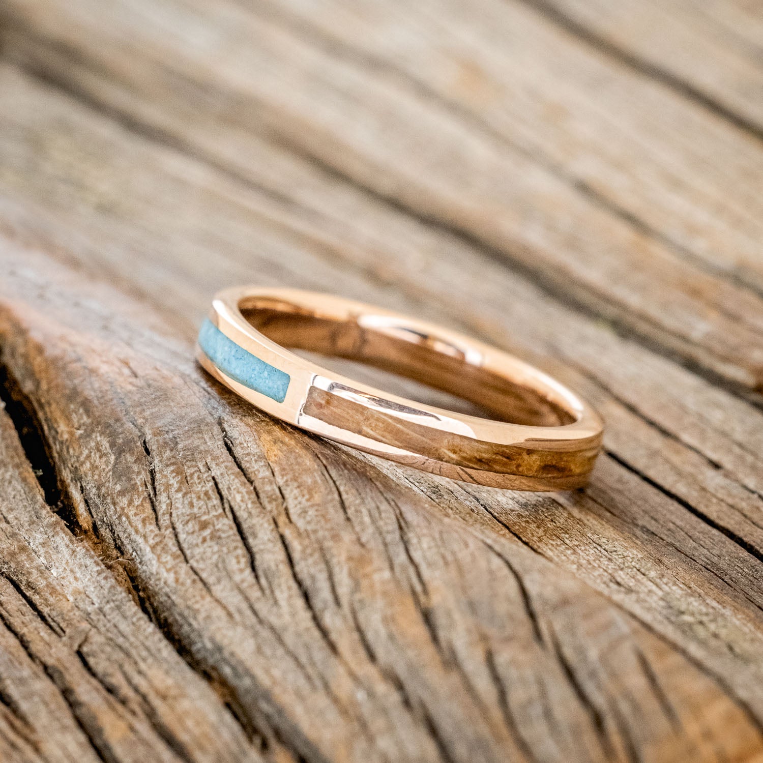 "HARMONY" - TURQUOISE & WHISKEY BARREL OAK SPLIT STACKING BAND-11