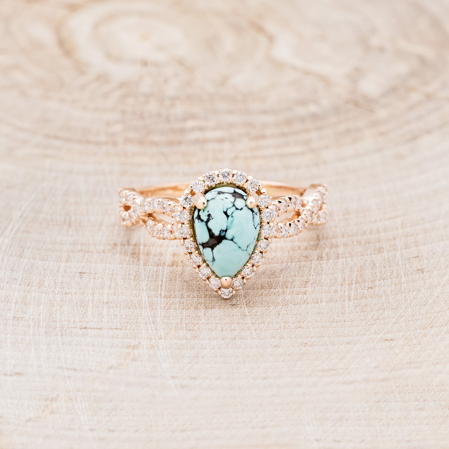 "BRIDGETTE" - PEAR-SHAPED TURQUOISE ENGAGEMENT RING WITH DIAMOND HALO & ACCENTS-10