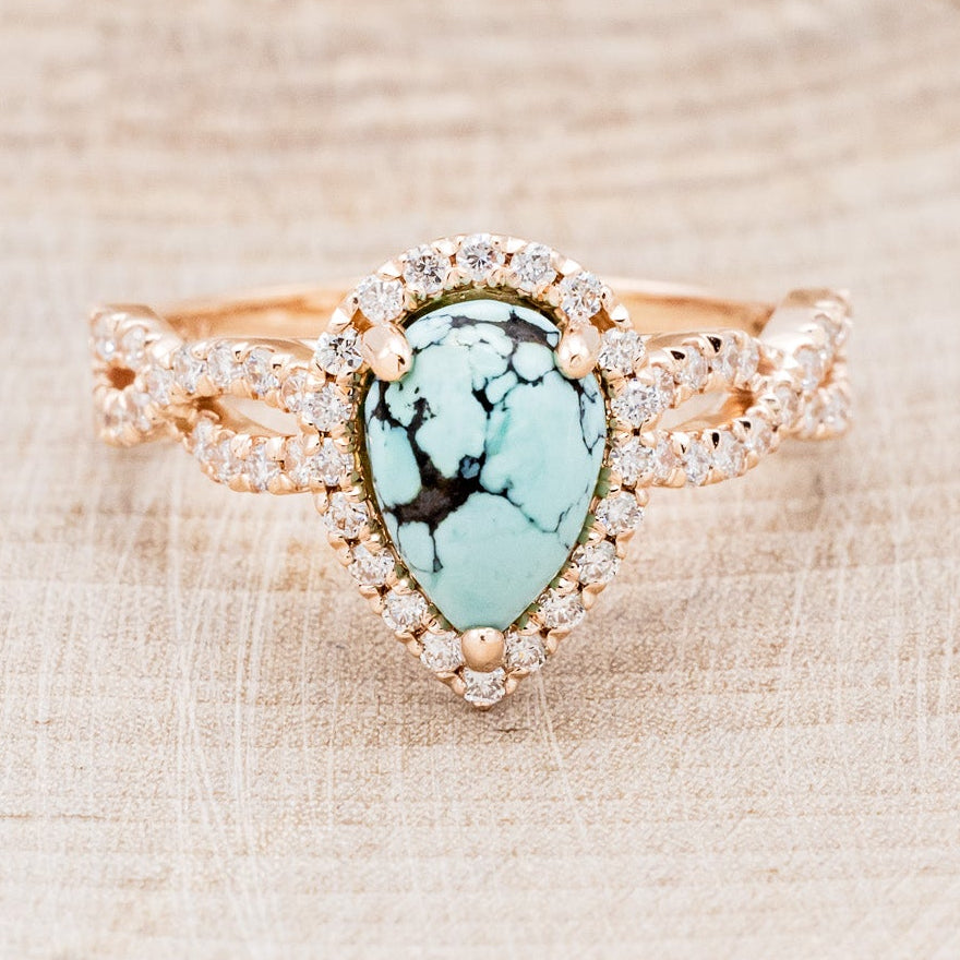 "BRIDGETTE" - PEAR-SHAPED TURQUOISE ENGAGEMENT RING WITH DIAMOND HALO & ACCENTS-10