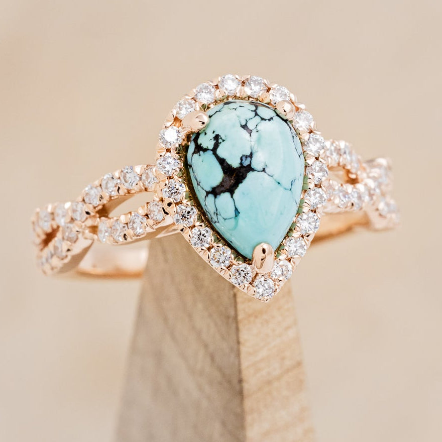 "BRIDGETTE" - PEAR-SHAPED TURQUOISE ENGAGEMENT RING WITH DIAMOND HALO & ACCENTS-7