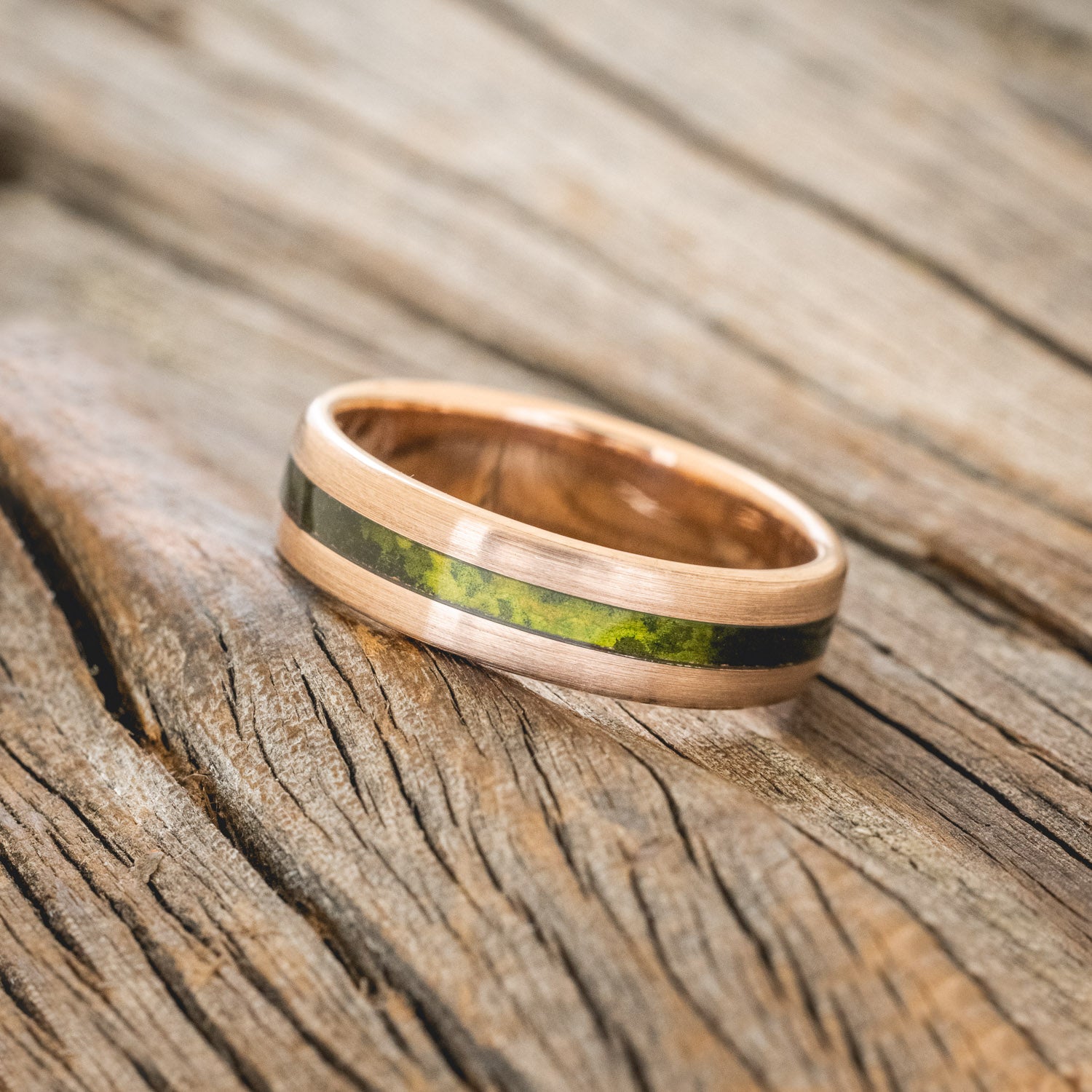 "NIRVANA" - CENTERED MOSSY PATINA COPPER WEDDING RING FEATURING A BRUSHED 14K GOLD BAND-2