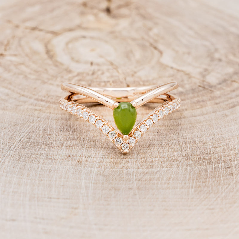 "CICELY" - PEAR SHAPED CABOCHON JADE ENGAGEMENT RING WITH DIAMOND ACCENTS