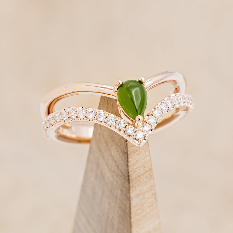 "CICELY" - PEAR SHAPED CABOCHON JADE ENGAGEMENT RING WITH DIAMOND ACCENTS