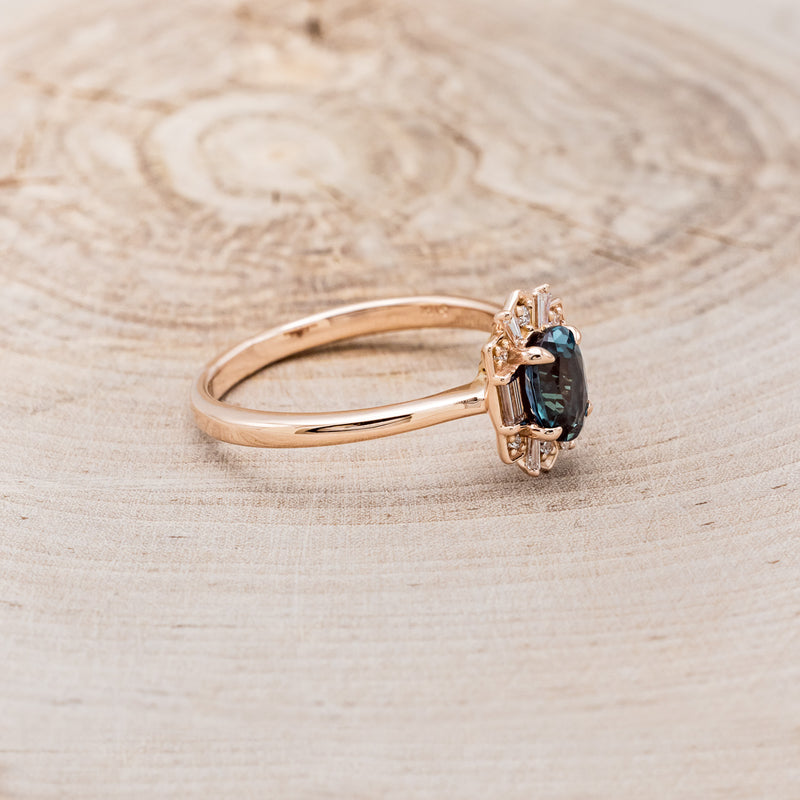 "CLEOPATRA" - OVAL LAB-GROWN ALEXANDRITE ENGAGEMENT RING WITH DIAMOND ACCENTS & TRACER