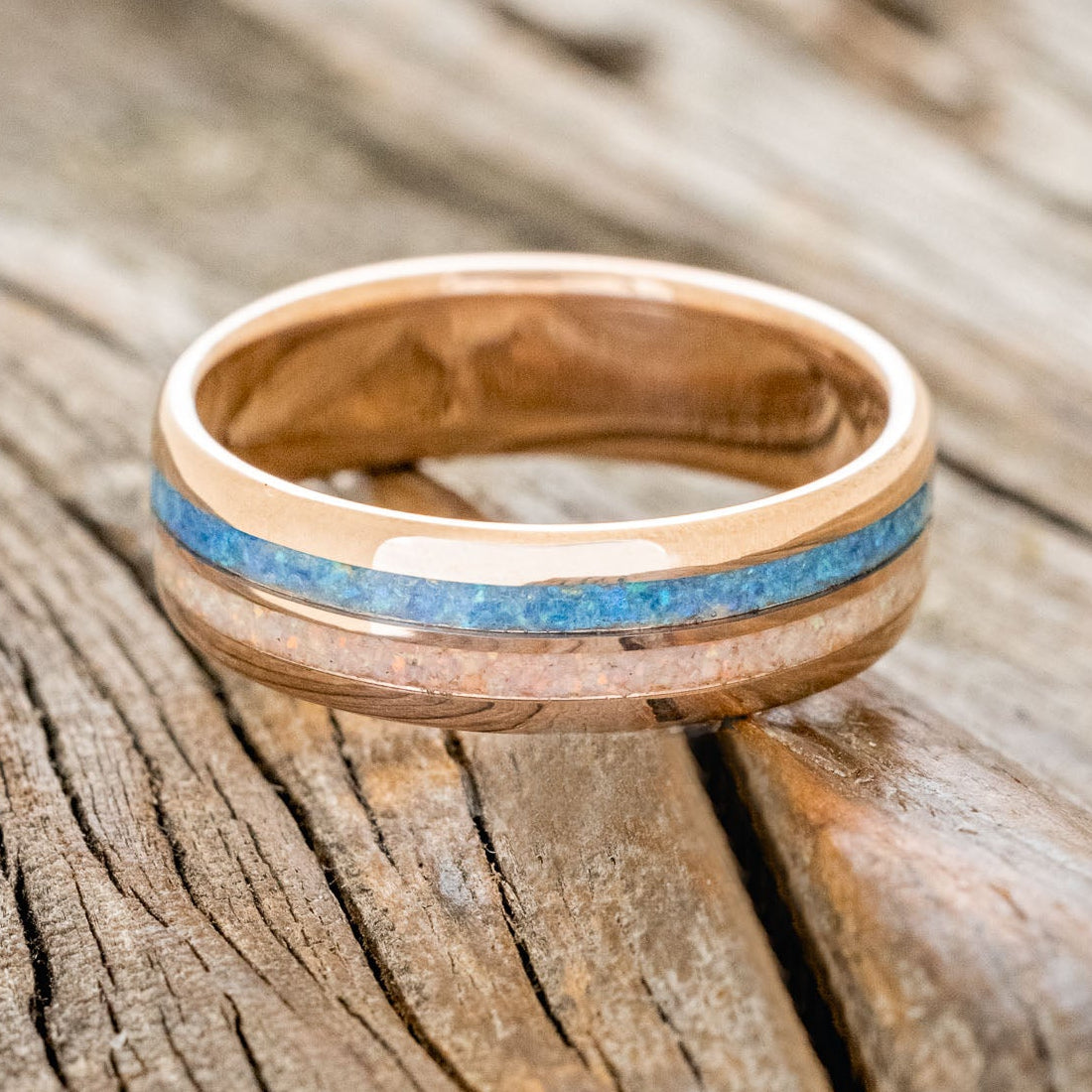 "COSMO" - BLUE OPAL & FIRE AND ICE OPAL WEDDING BAND FEATURING A 14K GOLD BAND-6