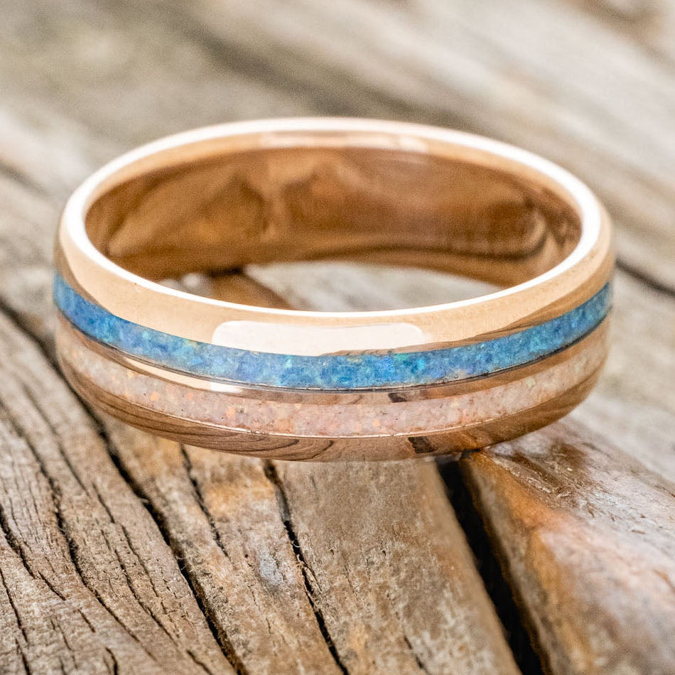 "COSMO" - BLUE OPAL & FIRE AND ICE OPAL WEDDING BAND FEATURING A 14K GOLD BAND-6