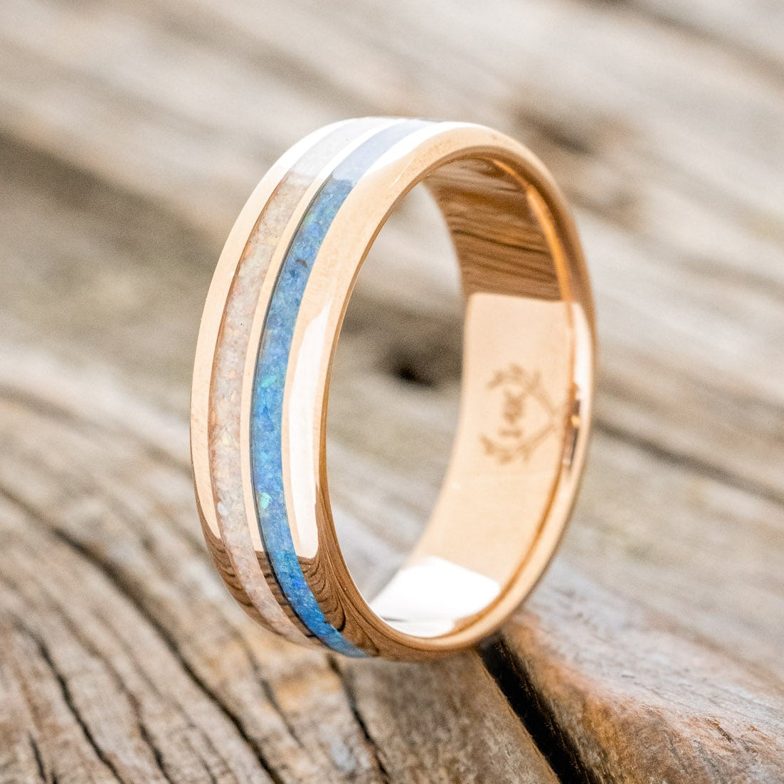 "COSMO" - BLUE OPAL & FIRE AND ICE OPAL WEDDING BAND FEATURING A 14K GOLD BAND-4