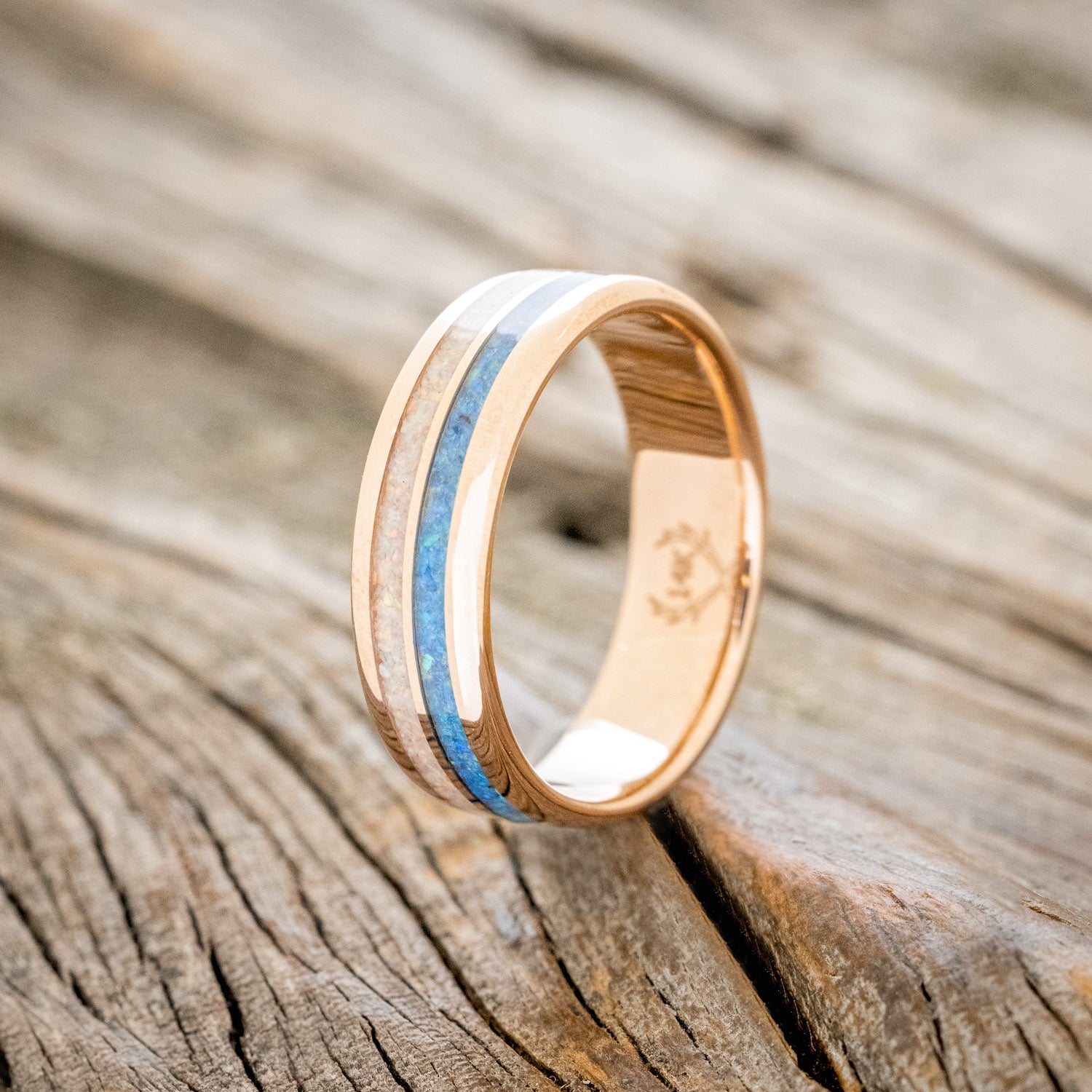 "COSMO" - BLUE OPAL & FIRE AND ICE OPAL WEDDING BAND FEATURING A 14K GOLD BAND-4