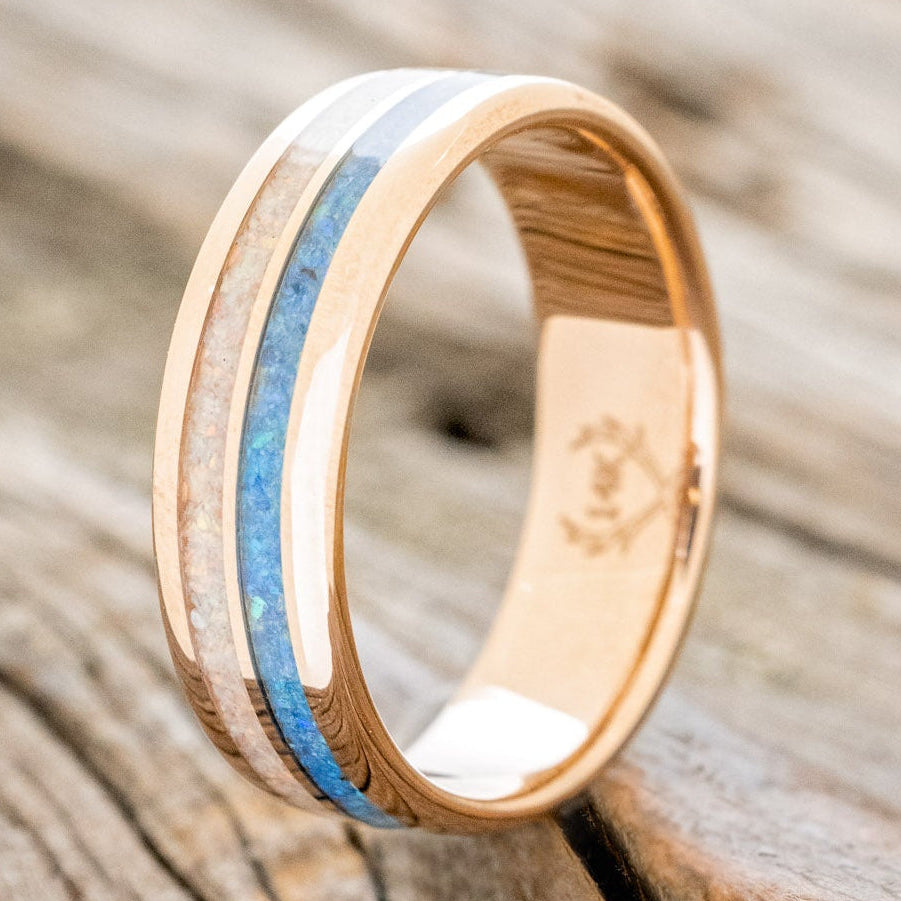 "COSMO" - BLUE OPAL & FIRE AND ICE OPAL WEDDING BAND FEATURING A 14K GOLD BAND-4