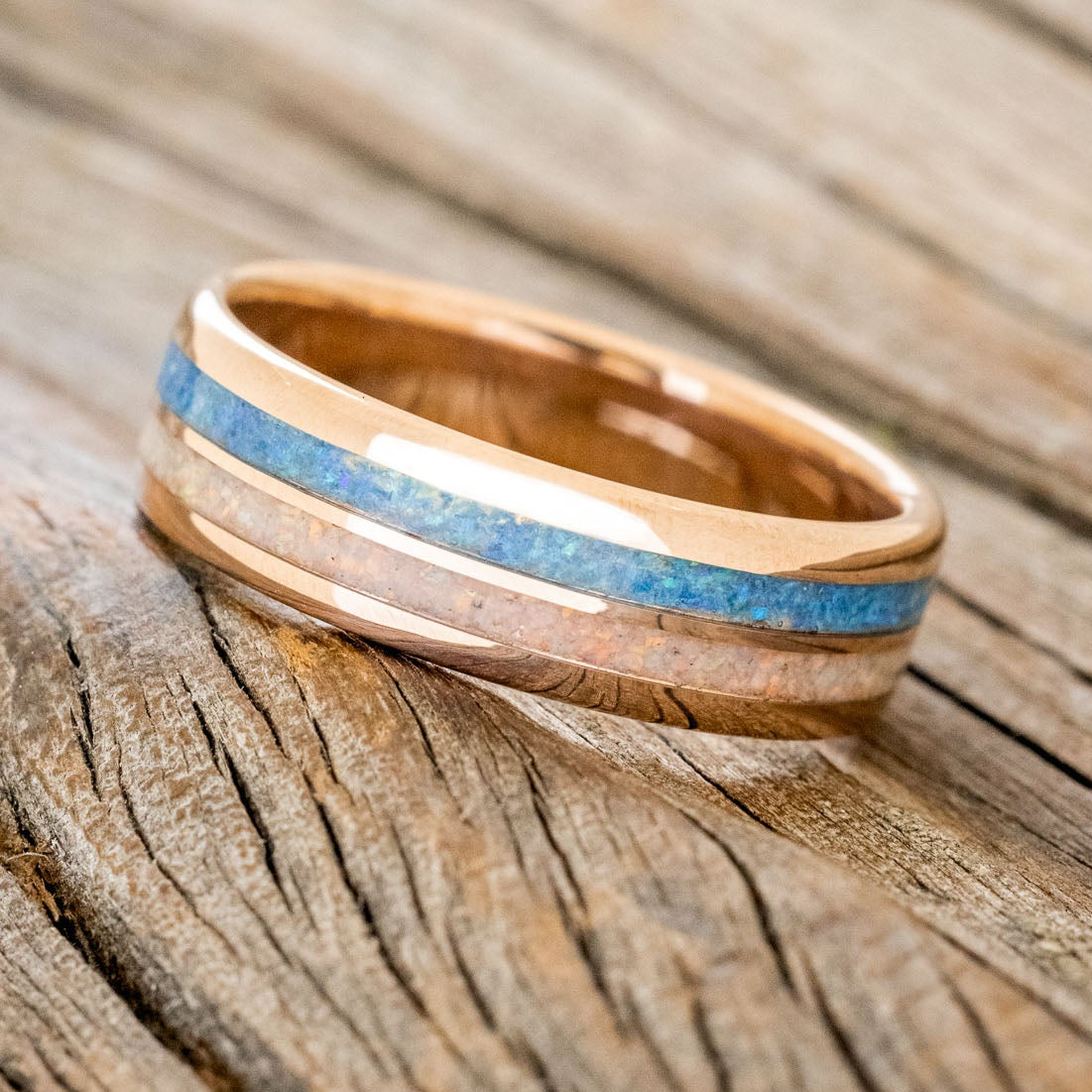 "COSMO" - BLUE OPAL & FIRE AND ICE OPAL WEDDING BAND FEATURING A 14K GOLD BAND-5