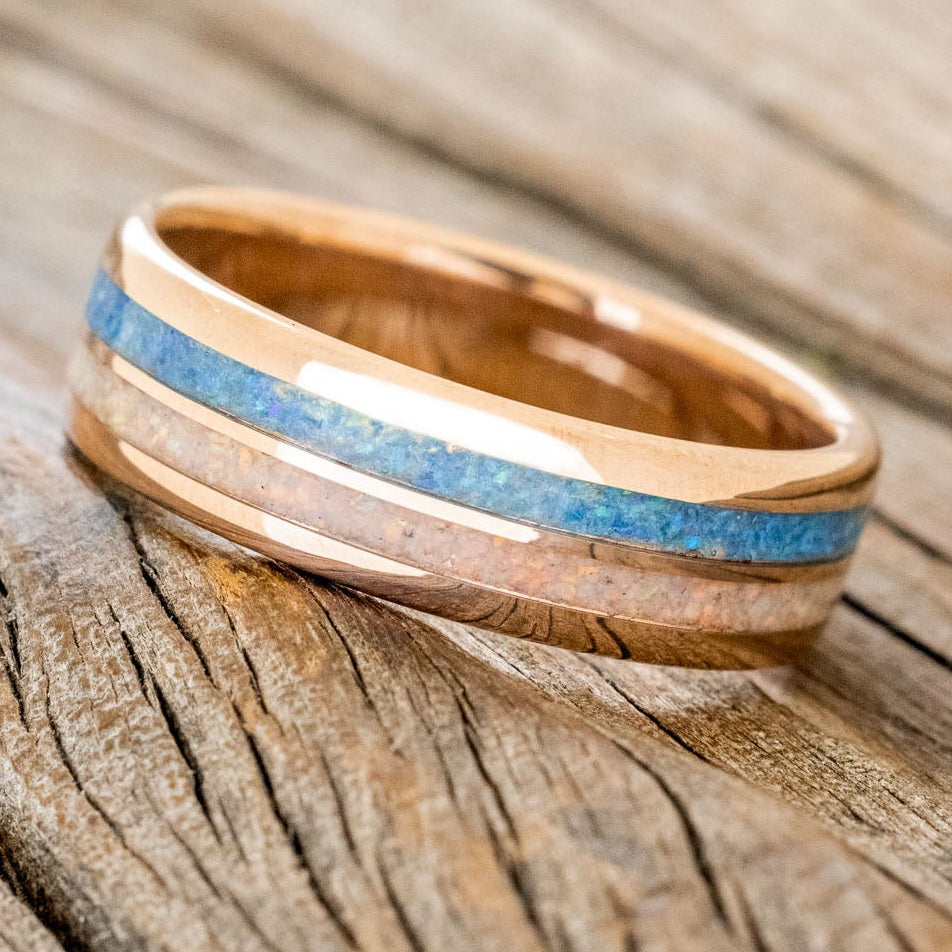 "COSMO" - BLUE OPAL & FIRE AND ICE OPAL WEDDING BAND FEATURING A 14K GOLD BAND-5