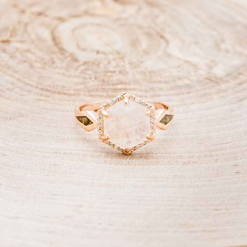 "CRAZY ON YOU" - HEXAGON MOONSTONE ENGAGEMENT RING WITH DIAMOND HALO & RED OPAL INLAYS