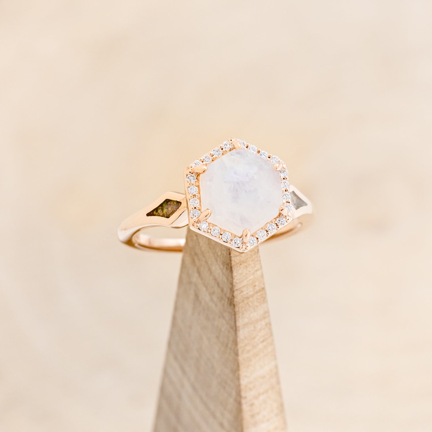 "CRAZY ON YOU" - HEXAGON MOONSTONE ENGAGEMENT RING WITH DIAMOND HALO & WHITE OPAL INLAYS-7