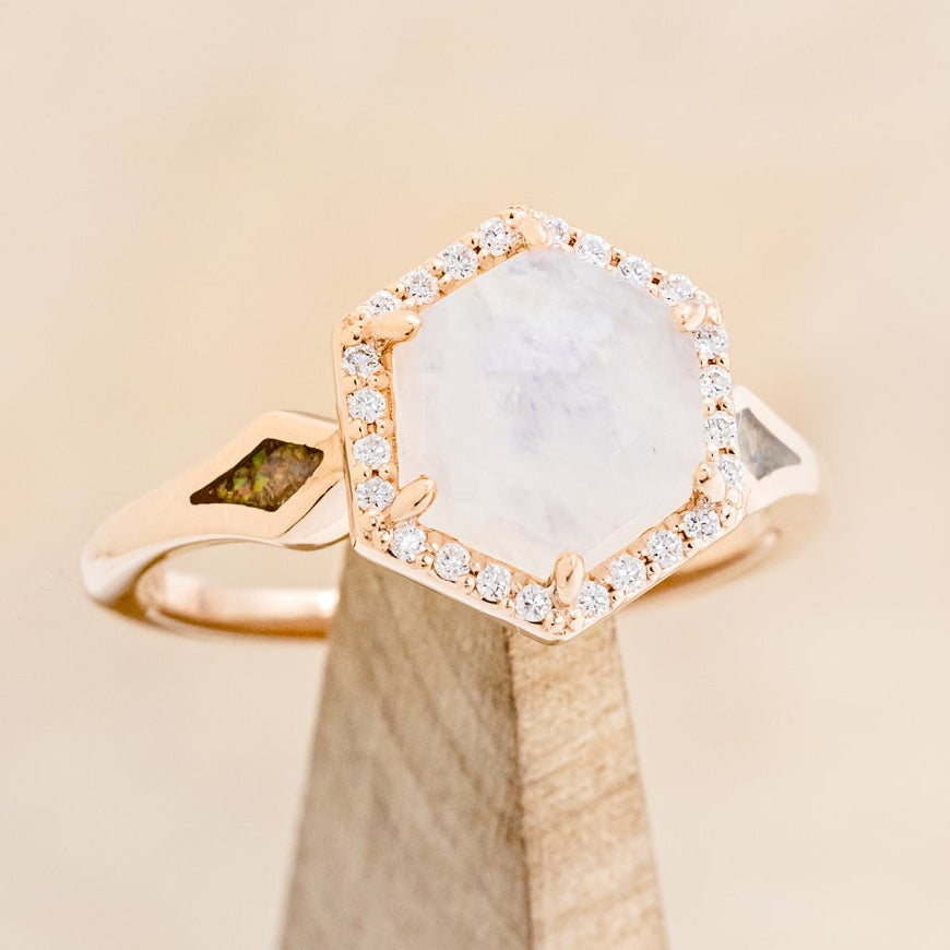 "CRAZY ON YOU" - HEXAGON MOONSTONE ENGAGEMENT RING WITH DIAMOND HALO & WHITE OPAL INLAYS-7