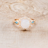 "CRAZY ON YOU" - HEXAGON MOONSTONE ENGAGEMENT RING WITH DIAMOND HALO & TURQUOISE INLAYS