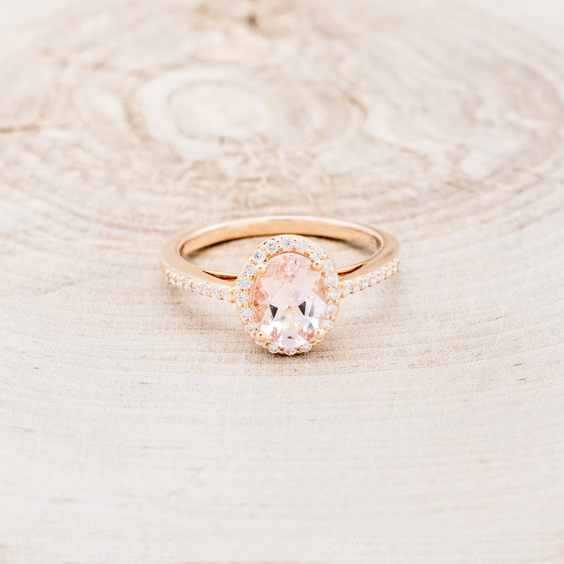 "DIANA" - OVAL MORGANITE ENGAGEMENT RING WITH DIAMOND HALO & ACCENTS - READY TO SHIP