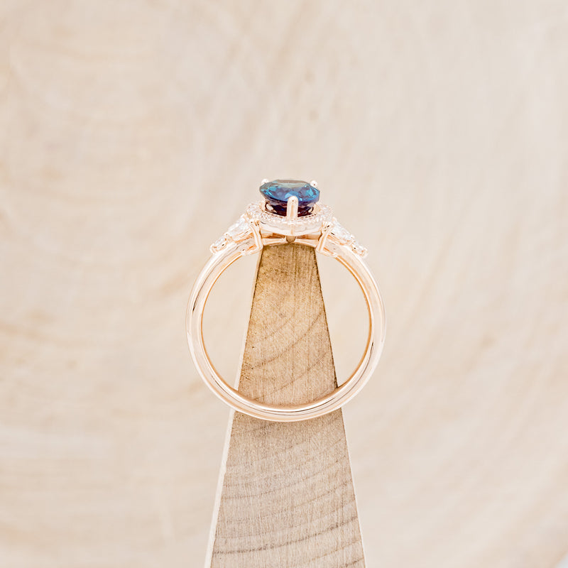 "DREAM" - PEAR-SHAPED LAB-GROWN ALEXANDRITE ENGAGEMENT RING WITH DIAMOND HALO & ACCENTS