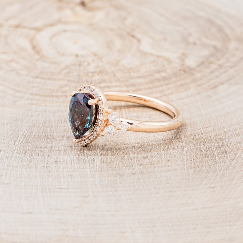 "DREAM" - PEAR-SHAPED LAB-GROWN ALEXANDRITE ENGAGEMENT RING WITH DIAMOND HALO & ACCENTS