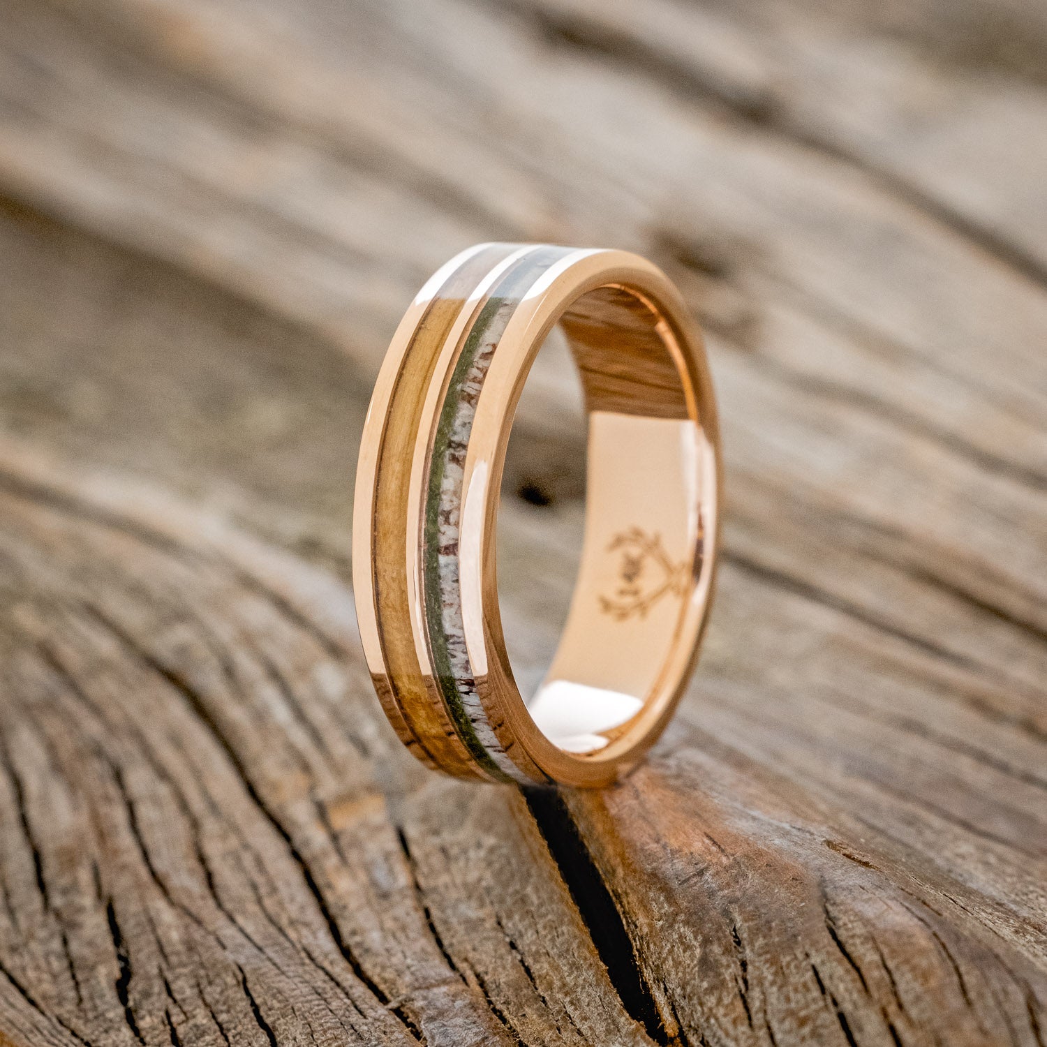"DYAD" - MOSS, ANTLER & WHISKEY BARREL OAK WEDDING BAND-7