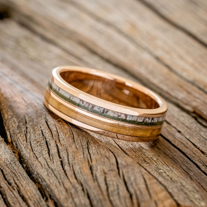 "DYAD" - MOSS, ANTLER & WHISKEY BARREL OAK WEDDING BAND-8