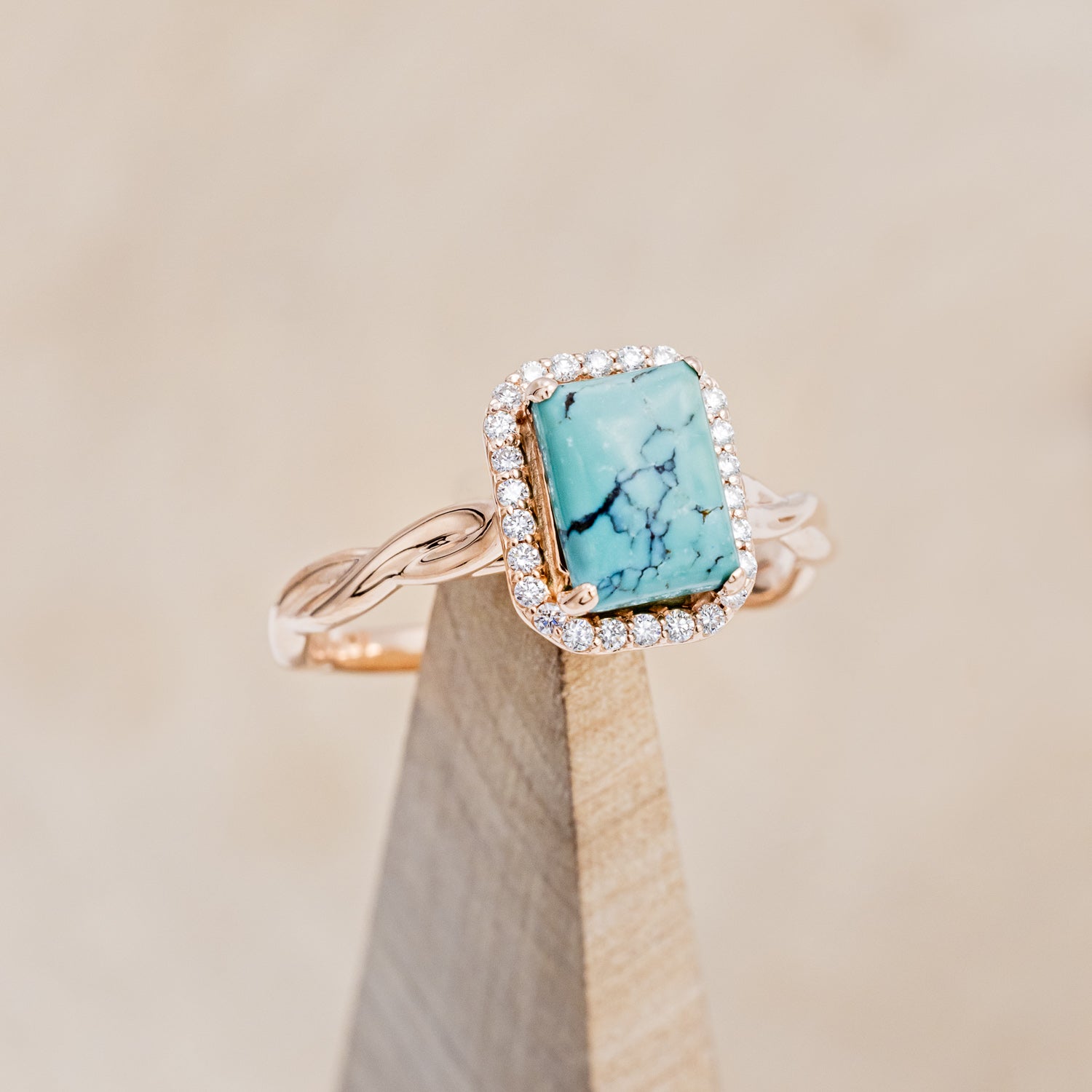 "EVERLEIGH" - EMERALD CUT TURQUOISE WEDDING BAND SET WITH DIAMOND HALO & TWISTED STACKING BAND-18