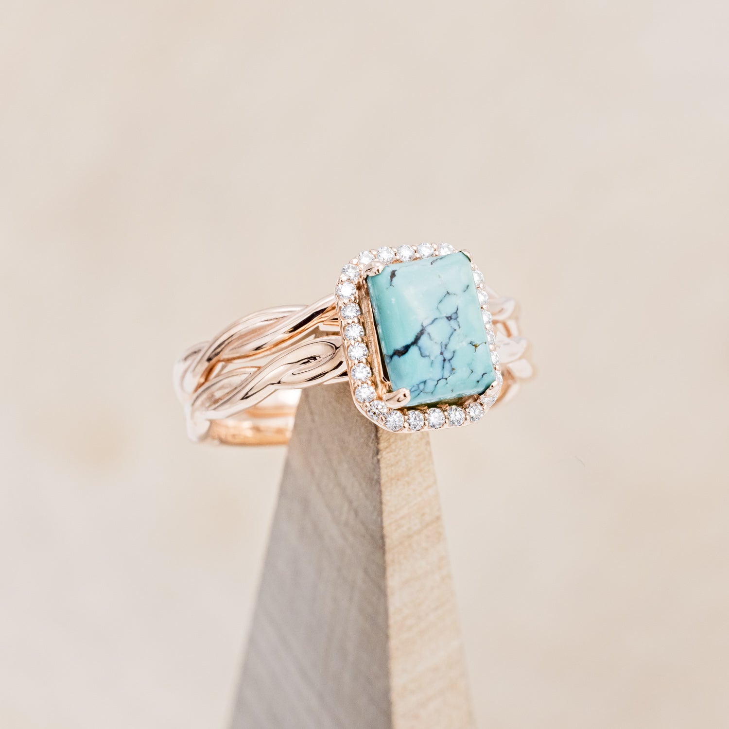 "EVERLEIGH" - EMERALD CUT TURQUOISE WEDDING BAND SET WITH DIAMOND HALO & TWISTED STACKING BAND-12