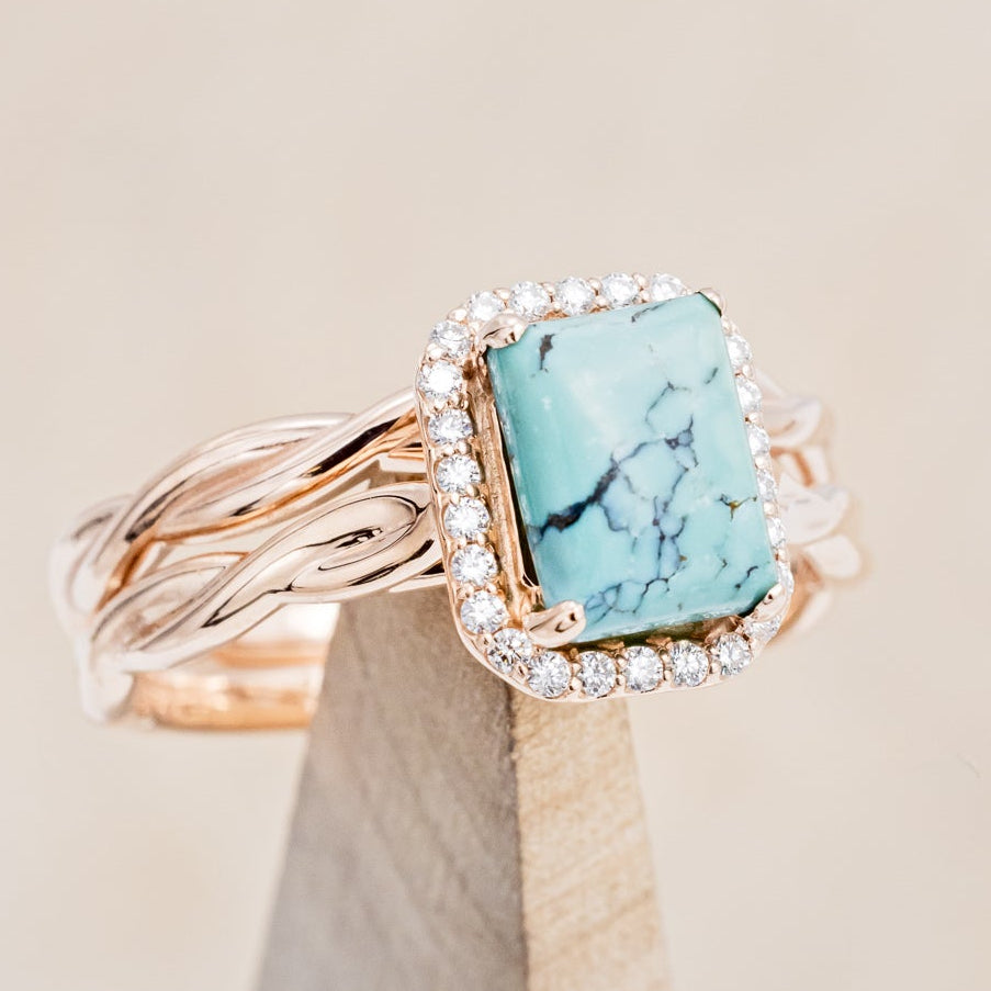 "EVERLEIGH" - EMERALD CUT TURQUOISE WEDDING BAND SET WITH DIAMOND HALO & TWISTED STACKING BAND-12