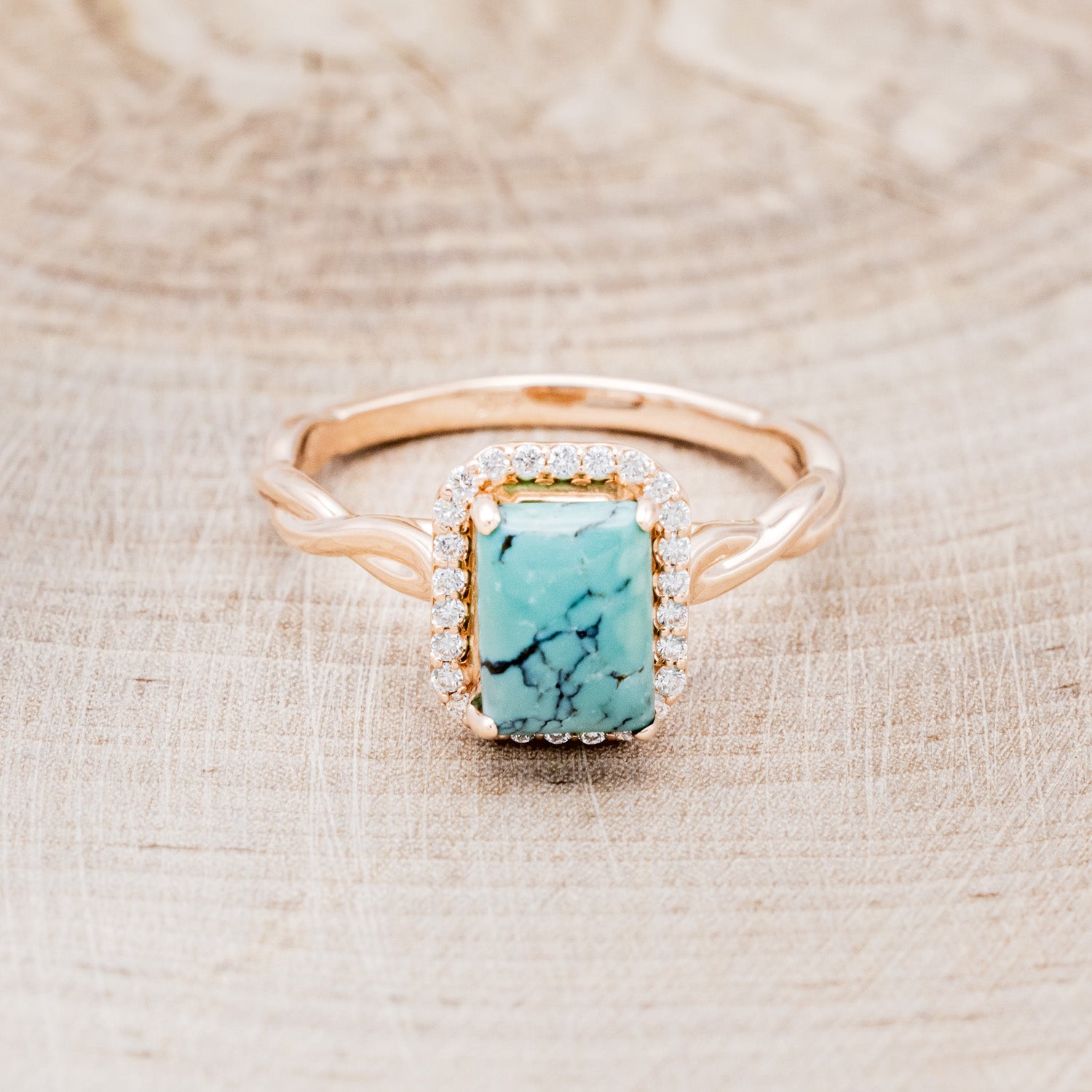 "EVERLEIGH" - EMERALD CUT TURQUOISE WEDDING BAND SET WITH DIAMOND HALO & TWISTED STACKING BAND-21