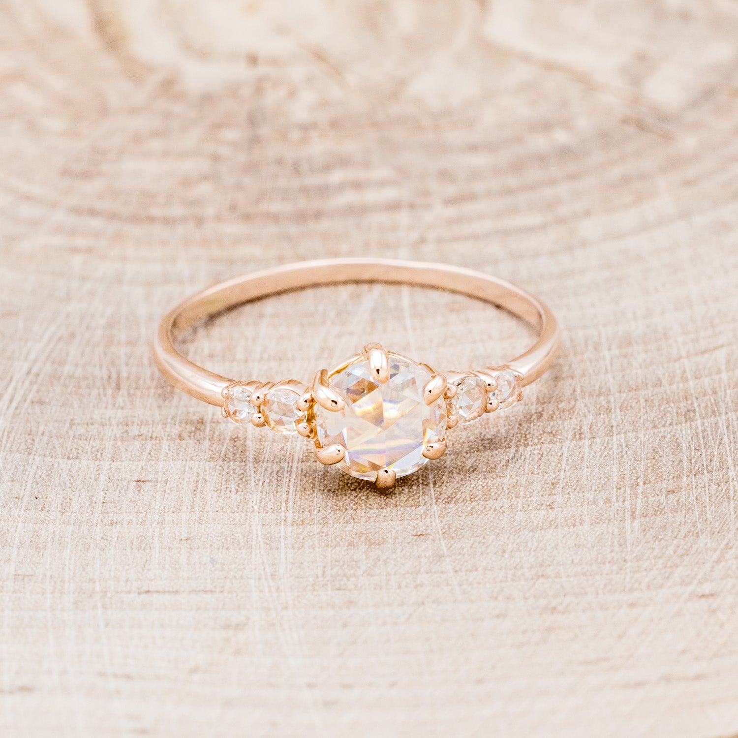 "GEMINI" - ROUND ROSE CUT MOISSANITE ENGAGEMENT RING WITH DIAMOND ACCENTS-11