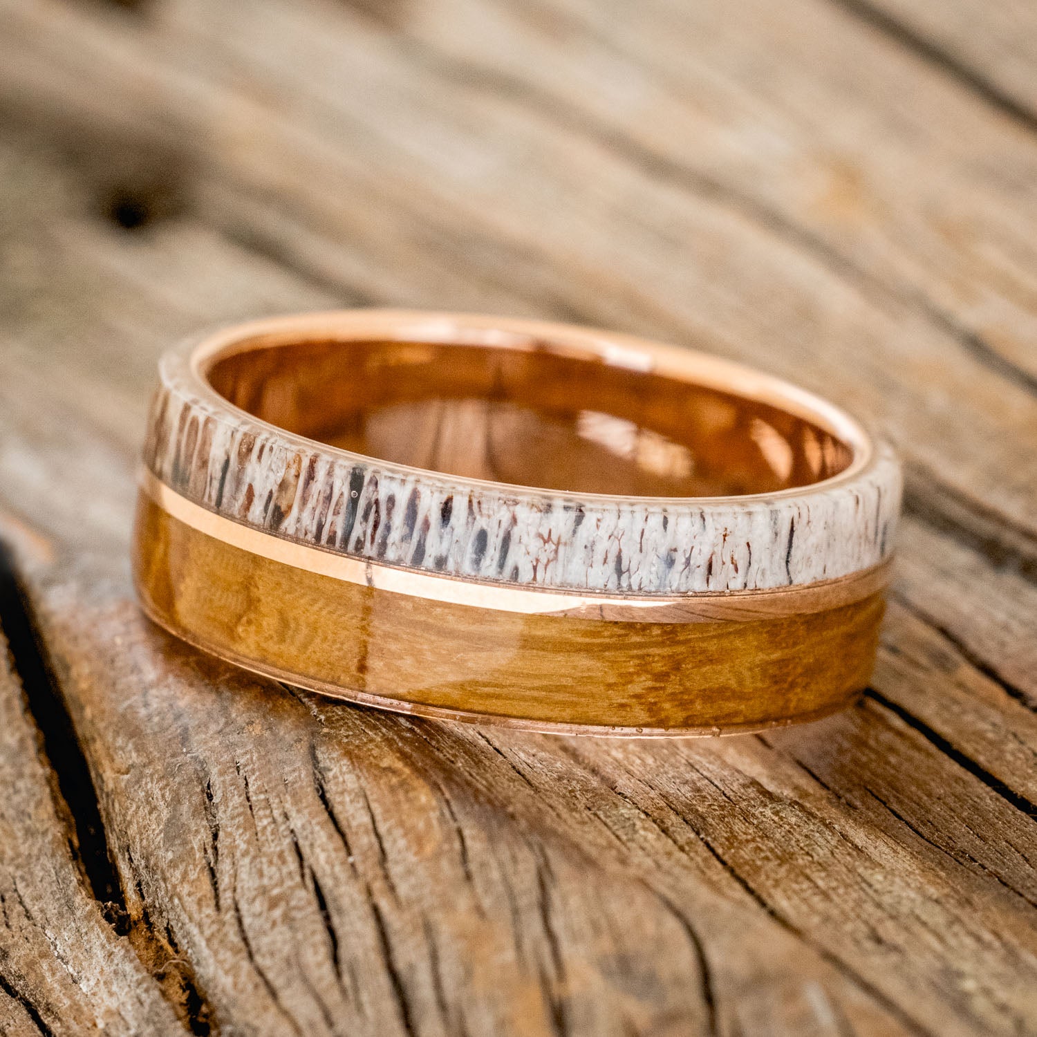 "GOLDEN" - WHISKEY BARREL OAK, ANTLER & 14K GOLD INLAY WEDDING BAND-15
