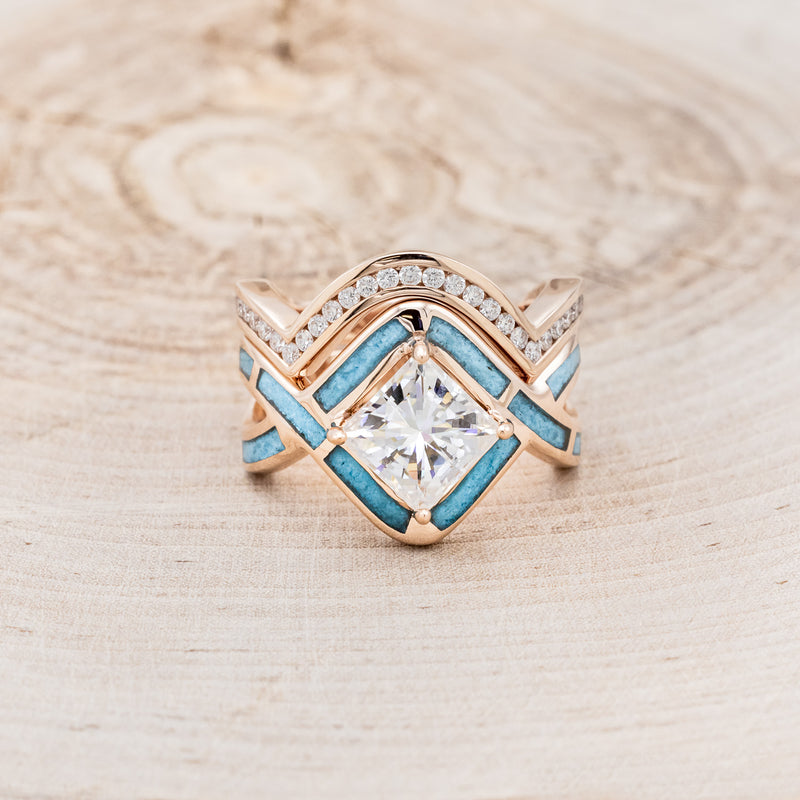 "HELIX" - PRINCESS CUT MOISSANITE ENGAGEMENT RING WITH TURQUOISE INLAYS & DIAMOND TRACER-20