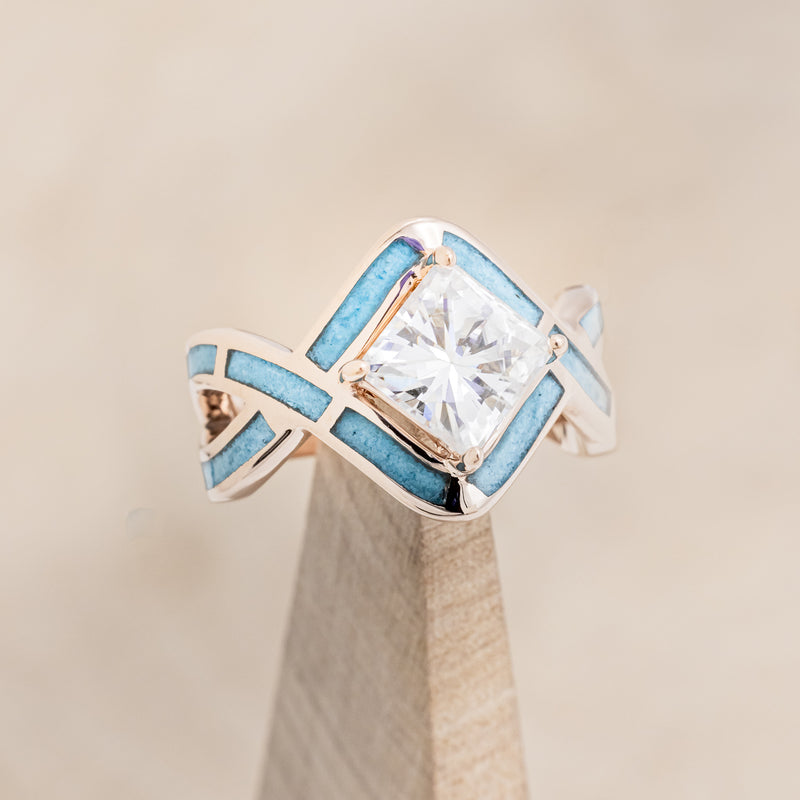 "HELIX" - PRINCESS CUT MOISSANITE ENGAGEMENT RING WITH TURQUOISE INLAYS & DIAMOND TRACER
