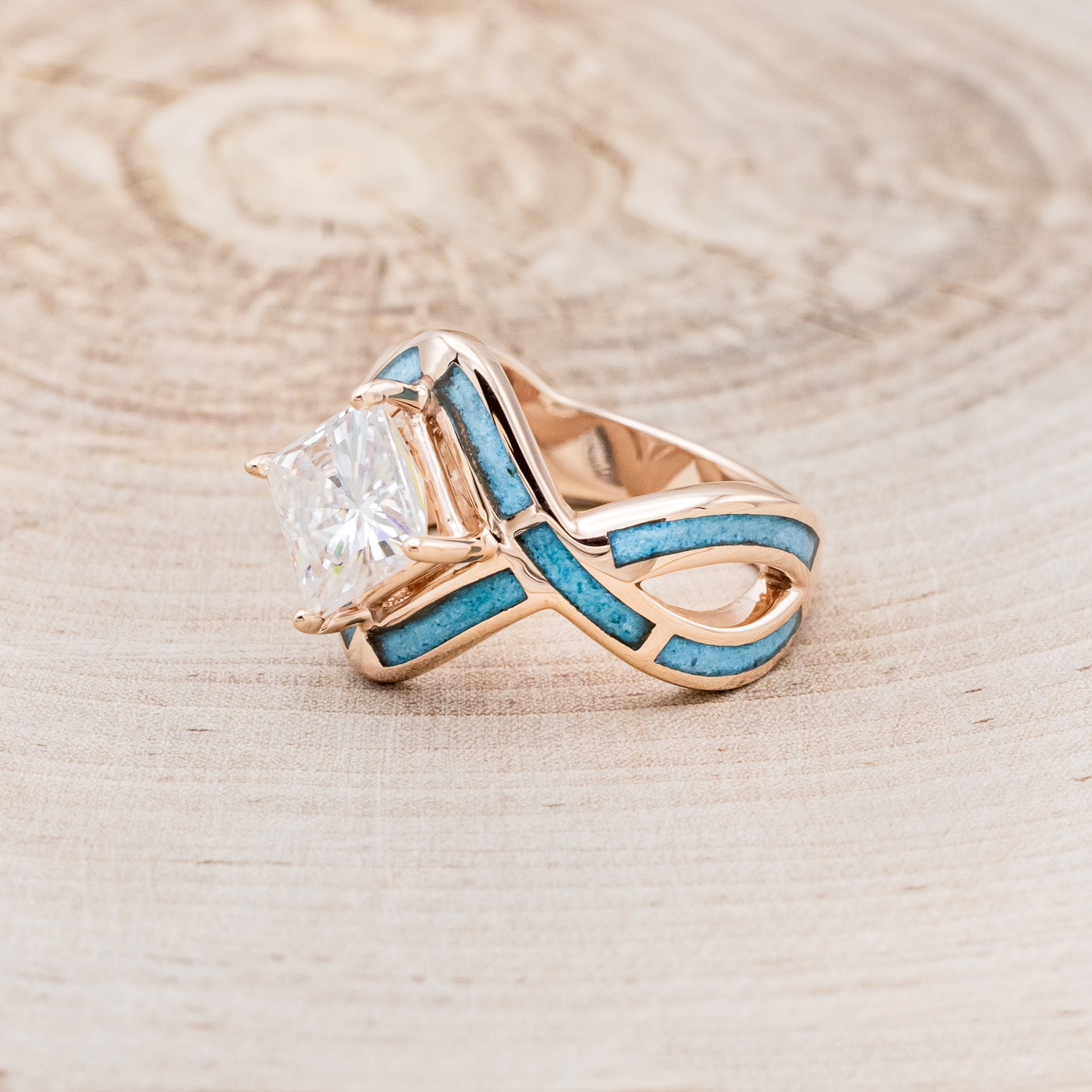 "HELIX" - PRINCESS CUT MOISSANITE ENGAGEMENT RING WITH TURQUOISE INLAYS & DIAMOND TRACER-25