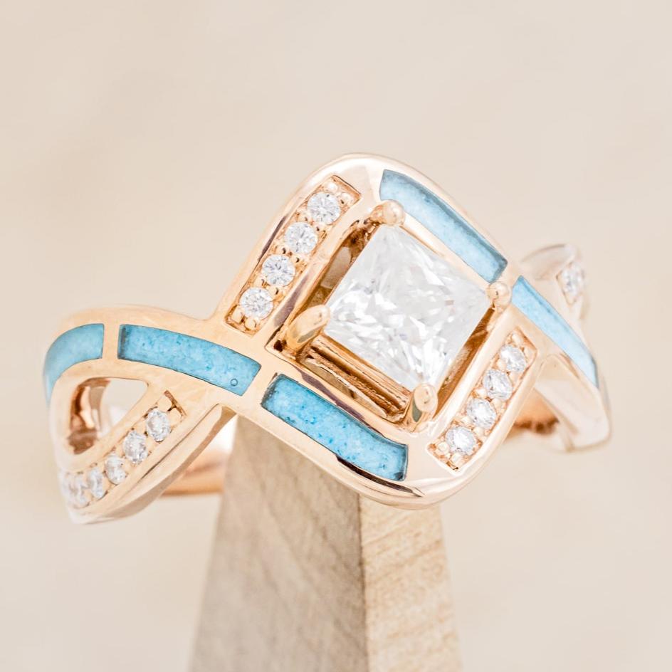 "HELIX" - PRINCESS CUT MOISSANITE ENGAGEMENT RING WITH DIAMOND ACCENTS & TURQUOISE INLAYS-7