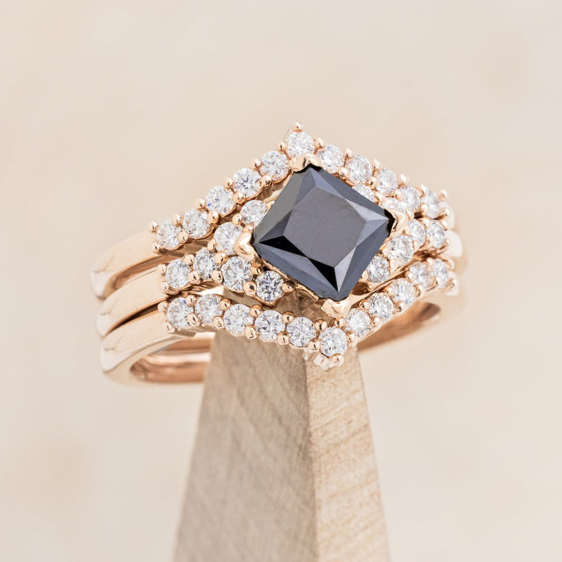 "LAYLA" - BRIDAL SUITE PRINCESS-CUT BLACK MOISSANITE ENGAGEMENT RING WITH DIAMOND ACCENTS & TRACERS - 14K ROSE GOLD - SIZE 7