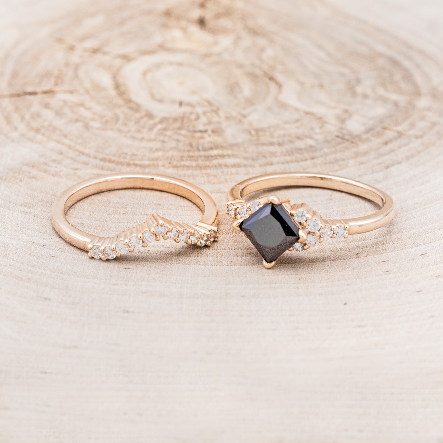 "LAYLA" - BRIDAL SUITE PRINCESS-CUT BLACK MOISSANITE ENGAGEMENT RING WITH DIAMOND ACCENTS & TRACERS-12