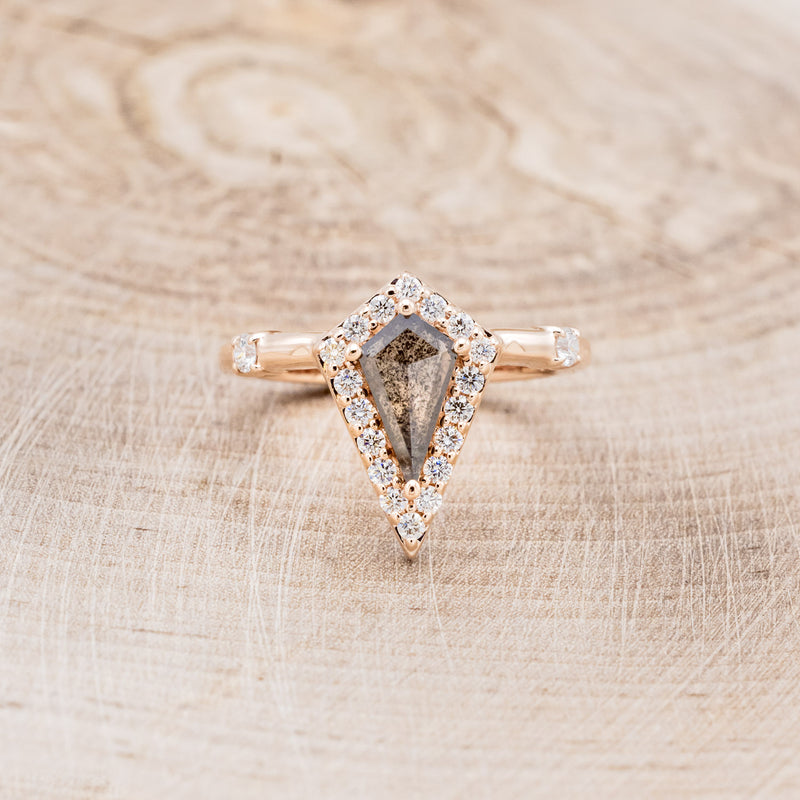 "LEIJA" - KITE CUT SALT & PEPPER ENGAGEMENT RING WITH DIAMOND HALO & ACCENTS