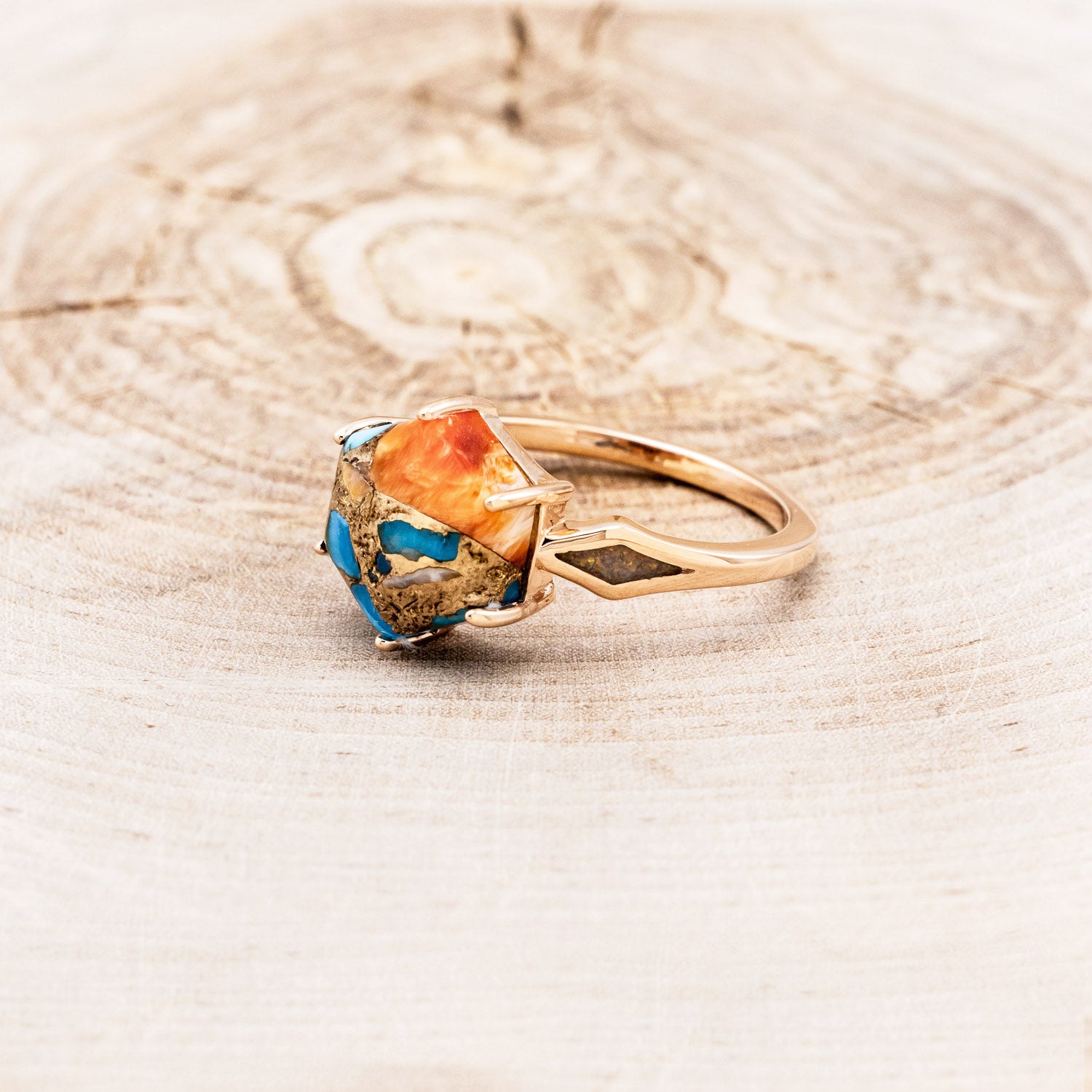 "LOVE STORY" - HEXAGON SPINY OYSTER TURQUOISE ENGAGEMENT RING WITH FIRE & ICE OPAL INLAYS-3