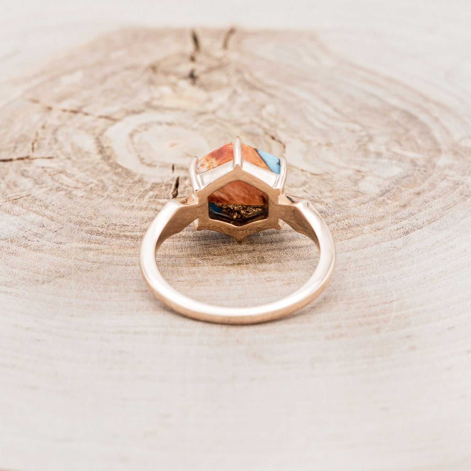 "LOVE STORY" - HEXAGON SPINY OYSTER TURQUOISE ENGAGEMENT RING WITH FIRE & ICE OPAL INLAYS-5