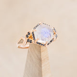 "LUCY IN THE SKY" - FACETED HEXAGON MOONSTONE ENGAGEMENT RING WITH BLACK DIAMOND HALO & FIRE AND ICE OPAL INLAYS