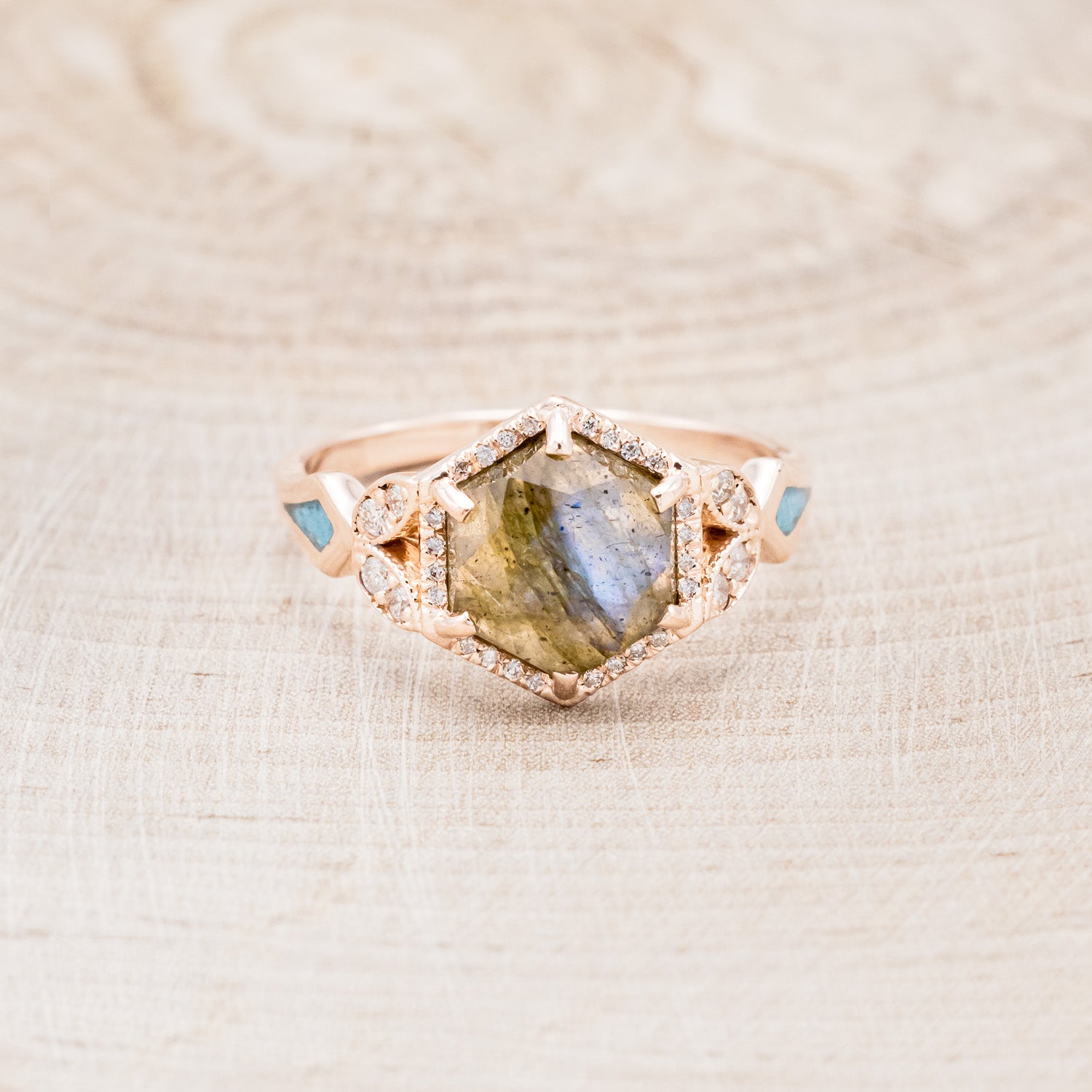"LUCY IN THE SKY" - HEXAGON LABRADORITE ENGAGEMENT RING WITH DIAMOND ACCENTS & TURQUOISE INLAYS-10