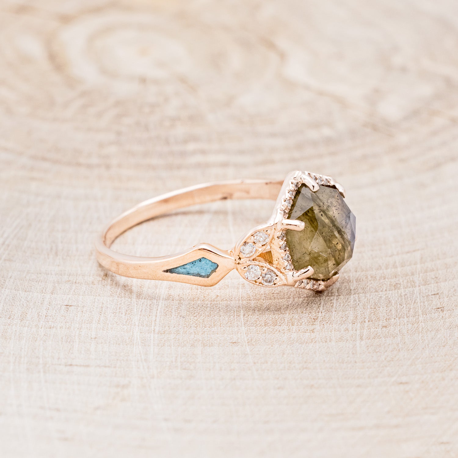 "LUCY IN THE SKY" - HEXAGON LABRADORITE ENGAGEMENT RING WITH DIAMOND ACCENTS & TURQUOISE INLAYS-8