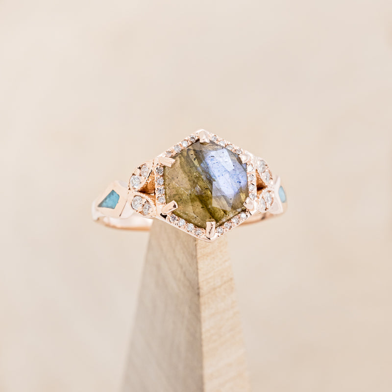 "LUCY IN THE SKY" - HEXAGON LABRADORITE ENGAGEMENT RING WITH DIAMOND ACCENTS & TURQUOISE INLAYS - READY TO SHIP