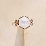 "LUCY IN THE SKY" - FACETED HEXAGON MOONSTONE ENGAGEMENT RING WITH BLACK DIAMOND HALO & FIRE AND ICE OPAL INLAYS