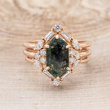 "OCTAVIA" - BRIDAL SUITE - ELONGATED HEXAGON MOSS AGATE ENGAGEMENT RING WITH DIAMOND ACCENTS & TRACERS-4