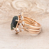 "OCTAVIA" - BRIDAL SUITE - ELONGATED HEXAGON MOSS AGATE ENGAGEMENT RING WITH DIAMOND ACCENTS & TRACERS-3