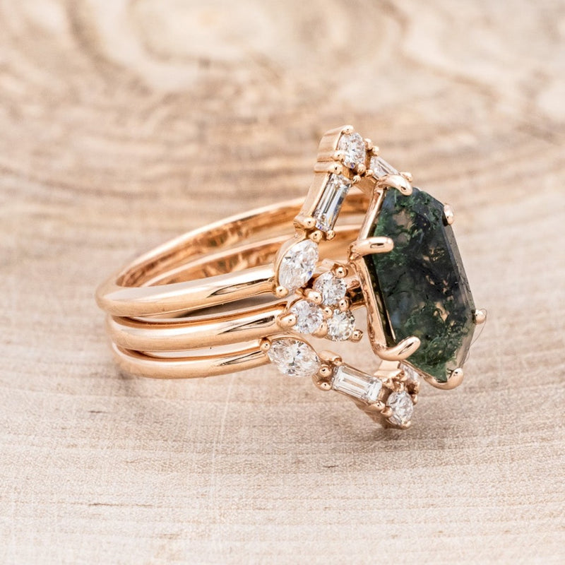 "OCTAVIA" - BRIDAL SUITE - ELONGATED HEXAGON MOSS AGATE ENGAGEMENT RING WITH DIAMOND ACCENTS & TRACERS-2