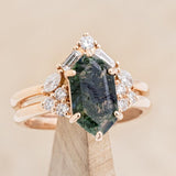 "OCTAVIA" - BRIDAL SUITE - ELONGATED HEXAGON MOSS AGATE ENGAGEMENT RING WITH DIAMOND ACCENTS & TRACERS-7